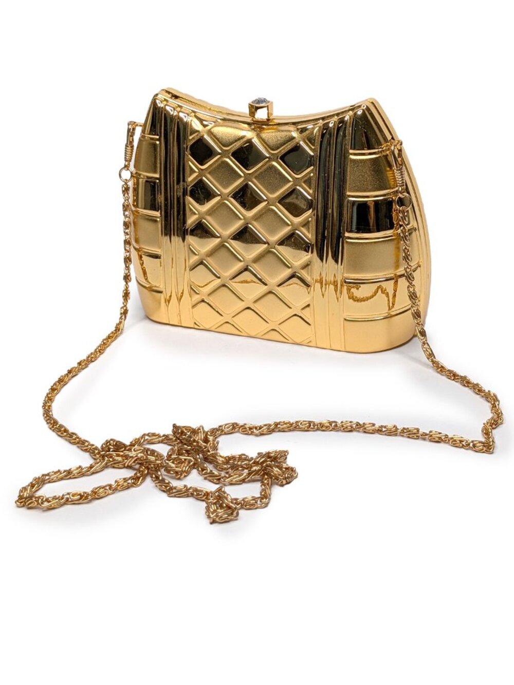 Vintage Gold Hard Shell Rhinestone Evening Bag Metal Box Clutch Crossbody Purse - Picture 14 of 14